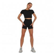 Бесшовные короткие спортивные шорты и топ для фитнеса и йоги (Черный) размер L